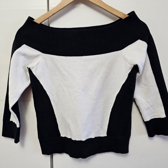 San Fransisco 3/4 Sleeve Black and White Off the Shoulder Top - Picture 2 of 6